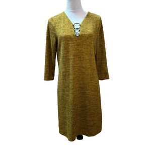 Dress Gold Shift Metallic V Neck 3/4 Sleeve‎ Modern Casual Cute